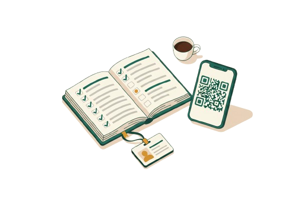 Cartoon illustration of the Hudur attendance register with green checkmarks, a QR card and a phone